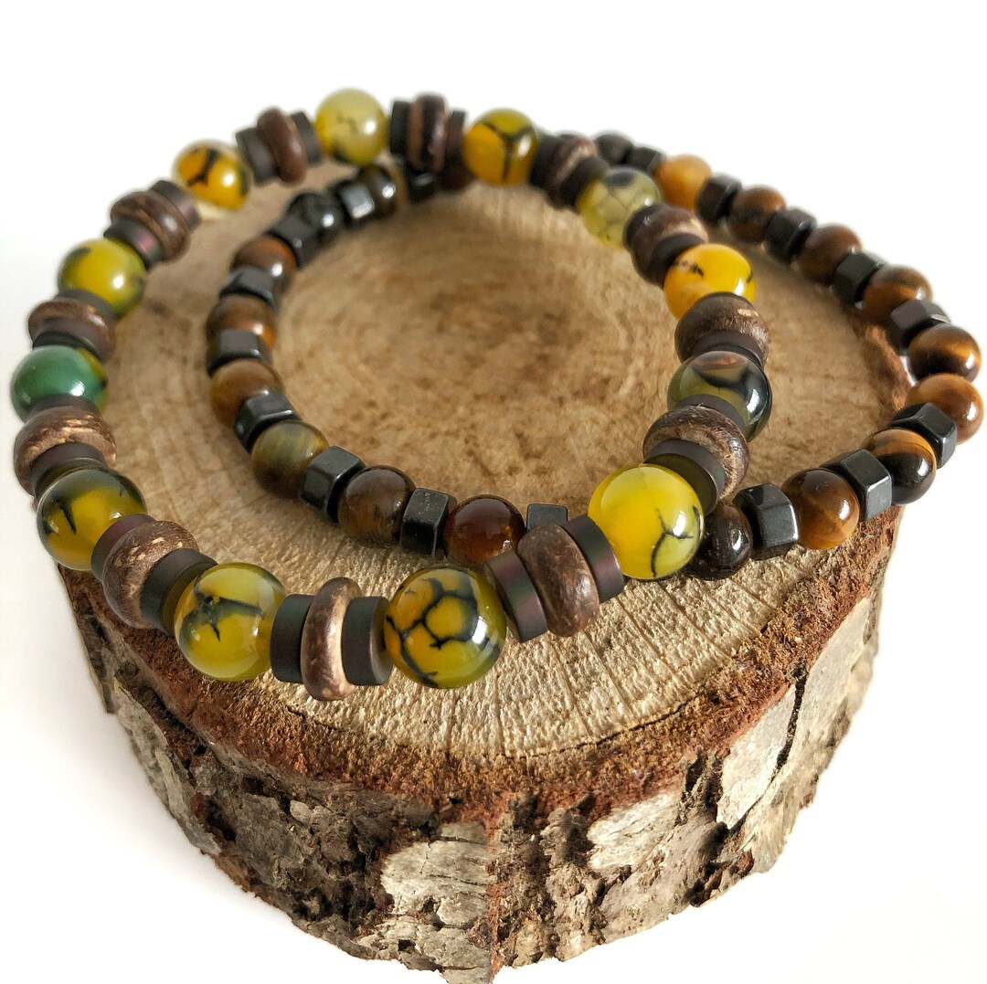 Unique Tiger Eye & Wood Natural Stone Bead Bracelet Adjustable Mens