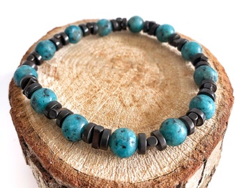 Turquoise & Black Obsidian • Natural Stone Bead Bracelet • Adjustable Men Jewelry • Healing Yoga Protection • Gift for Dad Husband Boyfriend