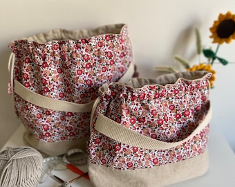 sac à projet tricot, crochet et couture, en tissu liberty. Sac pochon en tissu 100% coton