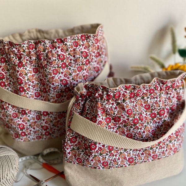 sac à projet tricot, crochet et couture, en tissu liberty. Sac pochon en tissu 100% coton