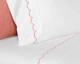 400 Thread Count White Cotton Sateen Sheet Set in Scalloped Embroidery Border.
