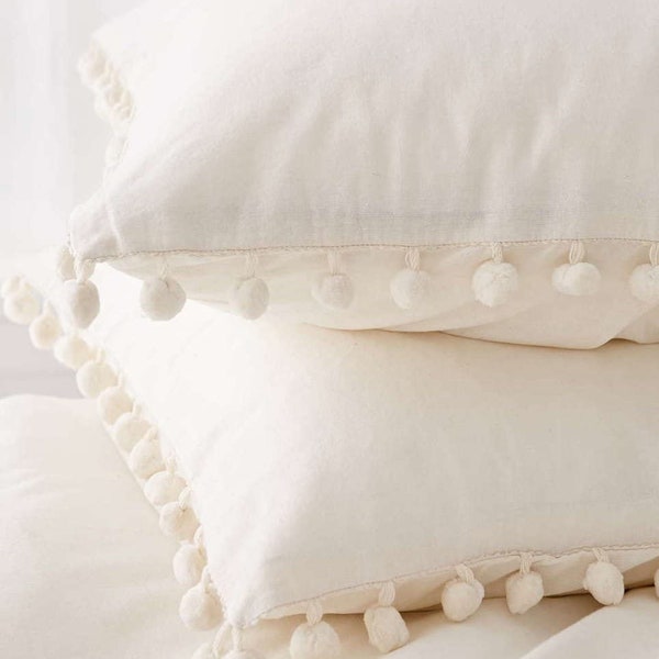 400 Thread Count 100% Cotton White Pom Pom Pillow Covers.