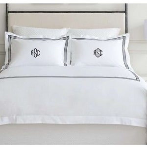 800 Thread Count  Monogram Cotton Sateen Hotel Stitch Duvet Cover Set in Triple Embroidery Border 1 Duvet Cover and 2 Pillow Sham Cover.