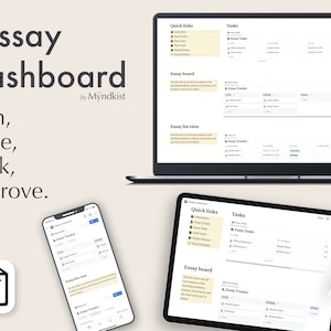 May include: A screenshot of a website called "Yessay Dashboard" showing a laptop, tablet, and phone displaying the website. The website is a tool for planning, writing, tracking, and improving essays. The website has sections for "Quick Links", "Tasks", "Essay Board", and "Essay List View".