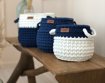 Handmade Cotton Knitted Basket Set, Indigo and Milk, Storage and Planter