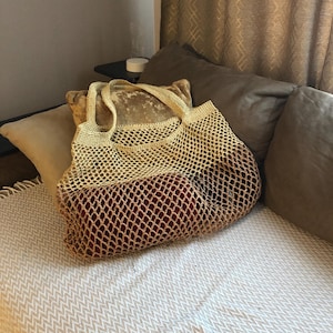 Summer straw beach tote, raffia large shoulder bag, crochet beige woman natural bag
