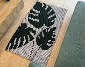 Alfombra de crochet de monstera hecha a mano, alfombra de algodón, decoración gris para habitación infantil.