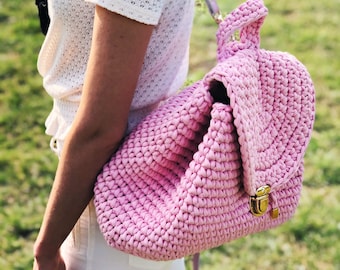 Handmade Knitted Cotton Backpack, Large Flap Bag