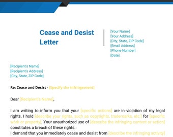 Cease and Desist Letter Template for Infringement Editable Instant ...