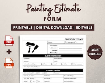 Formulaire d&#39;estimation de peinture | Fiches de devis peintre | Modèle de devis d&#39;estimation de travail imprimable | Ordre de travail de peinture personnalisé
