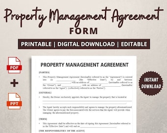 May include: A printable property management agreement form in PDF and PPT format. The form includes sections for parties, general information, term, responsibilities of the agent, and agent liability. The form is available for instant download.
