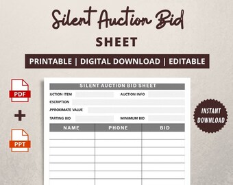 Silent Auction Bid Sheet | Printable and Editable File | Digital Download | Letter Size & A4