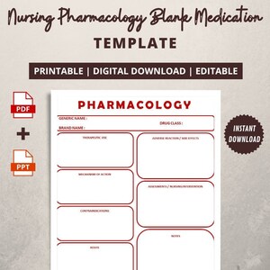 Nursing Pharmacology Medication Template | Printable Nursing Student Pharmacology | Medication Study |  Pharmacologist