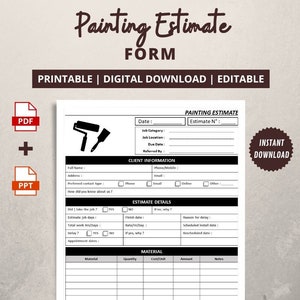 Painting Estimate Form | Painter Estimating sheets | Printable Job Estimate Quote Template | Personalized Painting Work Order