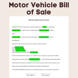 Professional Motor Vehicle Bill of Sale Form | Editable MS WORD File