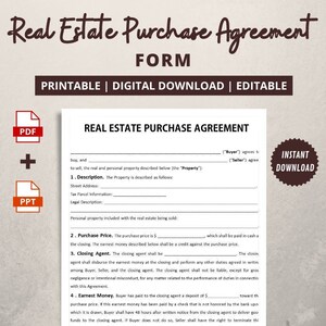 Acuerdo de compra de bienes raíces / Contrato de compra residencial / Acuerdo de compra de propiedad / Archivo PDF y PPT editable tamaño carta de EE. UU.
