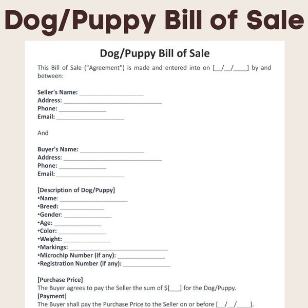 Sample Dog/Puppy Bill Of Sale Form Agreement