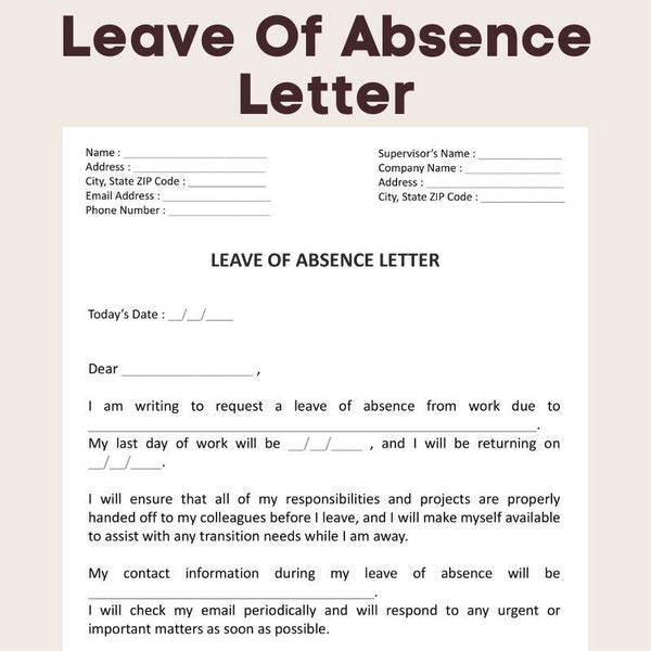 Customizable Leave of Absence Letter Template | Professional Letter of Absence Form for Vacation, Medical, or Personal Reasons