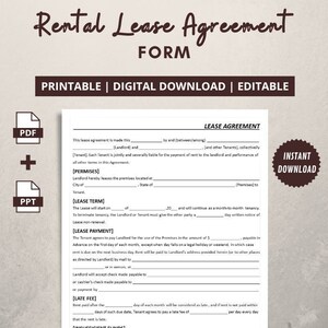 Peut inclure: Modèle de contrat de location imprimable en PDF et PPT. Le formulaire comprend des sections pour les informations du propriétaire et du locataire, la durée du bail, les détails de paiement, les frais de retard, les fonds insuffisants et le dépôt de garantie.