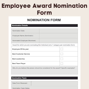 Employee Award Nomination Form | Printable Employee Nomination Form | Editable Employee Nomination Form | Business Tools