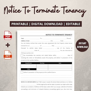 Notice To Terminate Tenancy | Notice to Pay Rent or Vacate Form | Notice to Vacate by tenant - PDF and PowerPoint Files - Instant Download