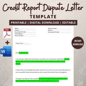 Professional Credit Report Dispute Letter Template | Editable MS WORD File