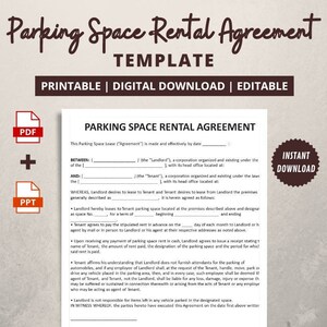 Contrato de alquiler de espacio de estacionamiento / Formulario de alquiler de espacio de estacionamiento / Plantilla de arrendamiento de espacio de estacionamiento / Archivo PDF y PPT editable tamaño carta de EE. UU.