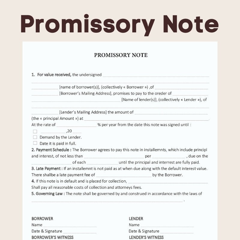 Promissory Note Template Etsy