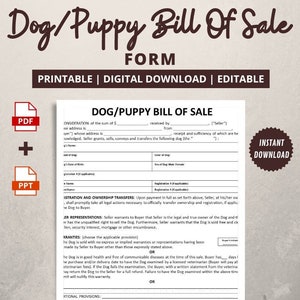 Dog/Puppy Bill of Sale Form | Editable PPT file | Pet Bill of Sale Form | Pup Selling Agreement | Instant Download