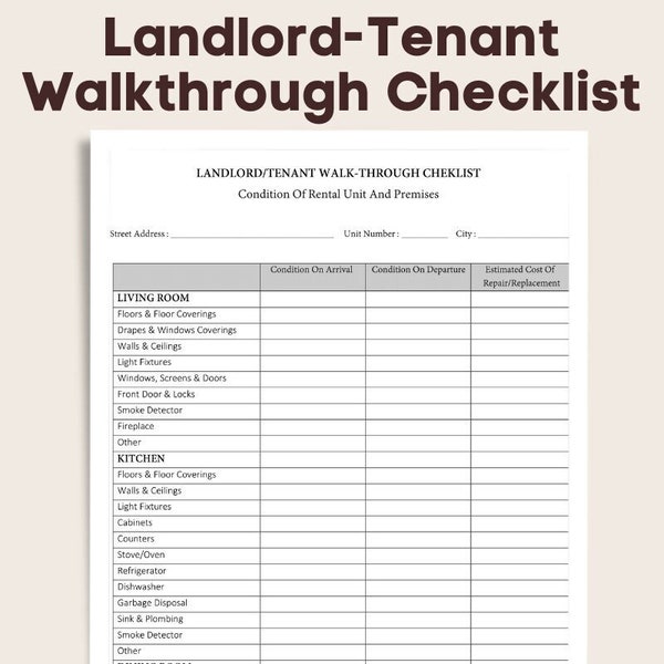 Landlord Tenant Walkthrough Checklist | Printable PDF File | Editable MS Word File | Instant Download