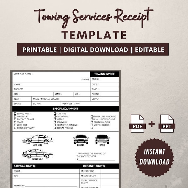 Towing Services Receipt Template | Editable Towing Service Invoice | Tow Truck Service Invoice | Printable Editable Fillable PPT Template