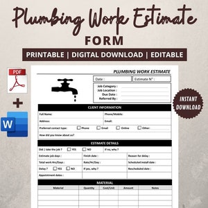 Plumbing Estimate Form | Plumbing Estimating sheets | Printable Job Estimate Quote Template | Personalized Plumbing Work Order
