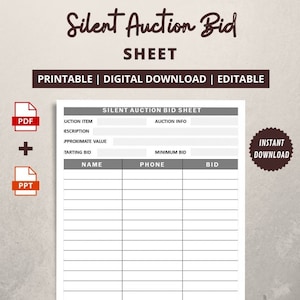 Silent Auction Bid Sheet | Printable and Editable File | Digital Download | Letter Size & A4