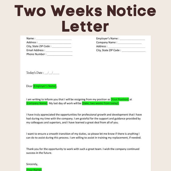 Two Week Notice Letter Template Etsy Two Week Notice Letter Template Etsy