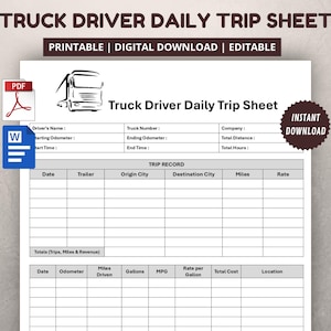Puede incluir: Una hoja de ruta diaria imprimible y editable para conductores de camiones. El documento incluye campos para la información del conductor, los registros de viaje y el seguimiento de gastos. El diseño presenta un gráfico de camión y el texto "Truck Driver Daily Trip Sheet".