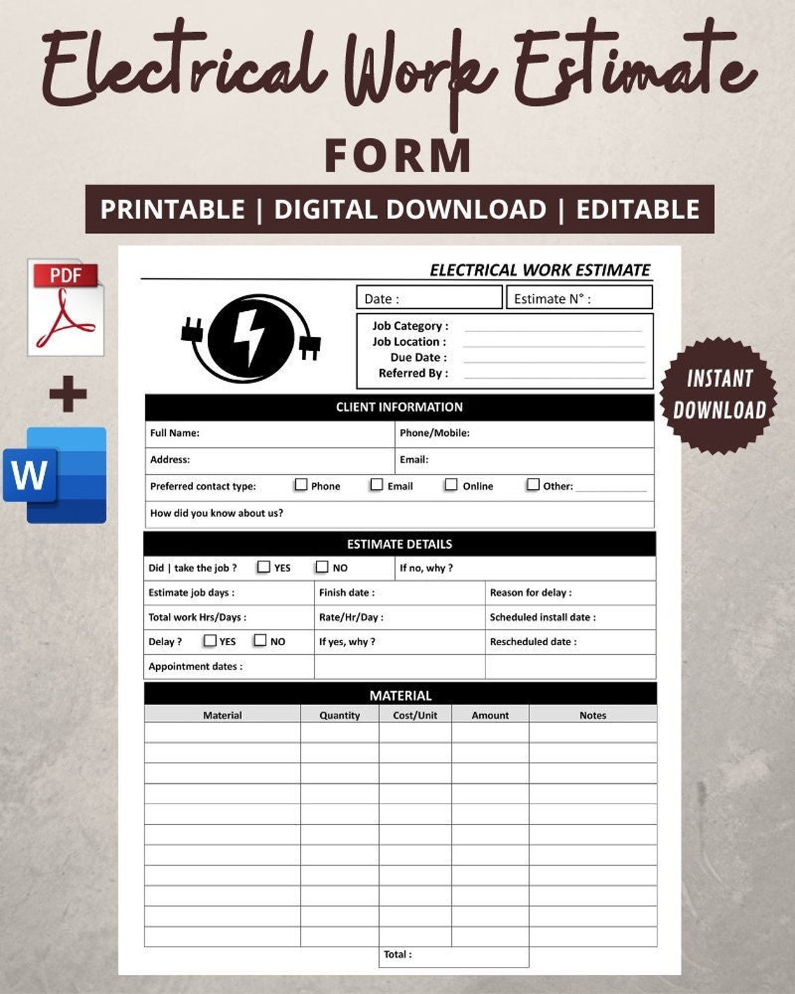 Electrical Estimate Form Electrical Estimating Sheets Printable Job ...