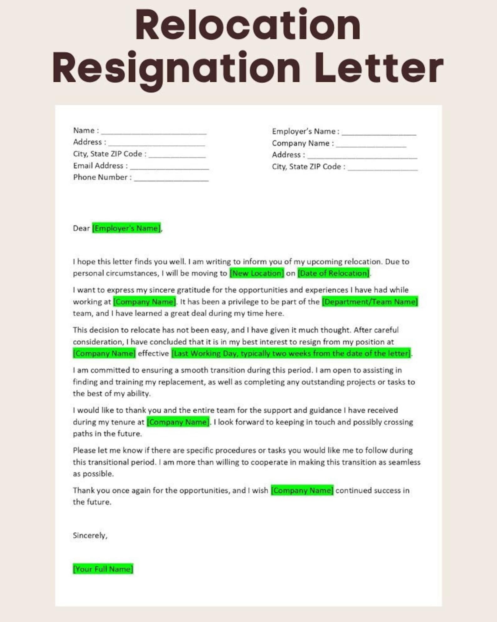 Editable Relocation Resignation Letter Template - Etsy