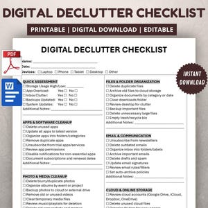 May include: A printable digital declutter checklist with sections for quick assessment, app cleanup, photo and media cleanup, and more. Includes a PDF and Word document icon. The checklist is labeled "Digital Declutter Checklist".