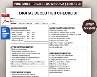 Digital Declutter Checklist. Tech Cleaning & Device Organization. Editable Digital Minimalism Planner