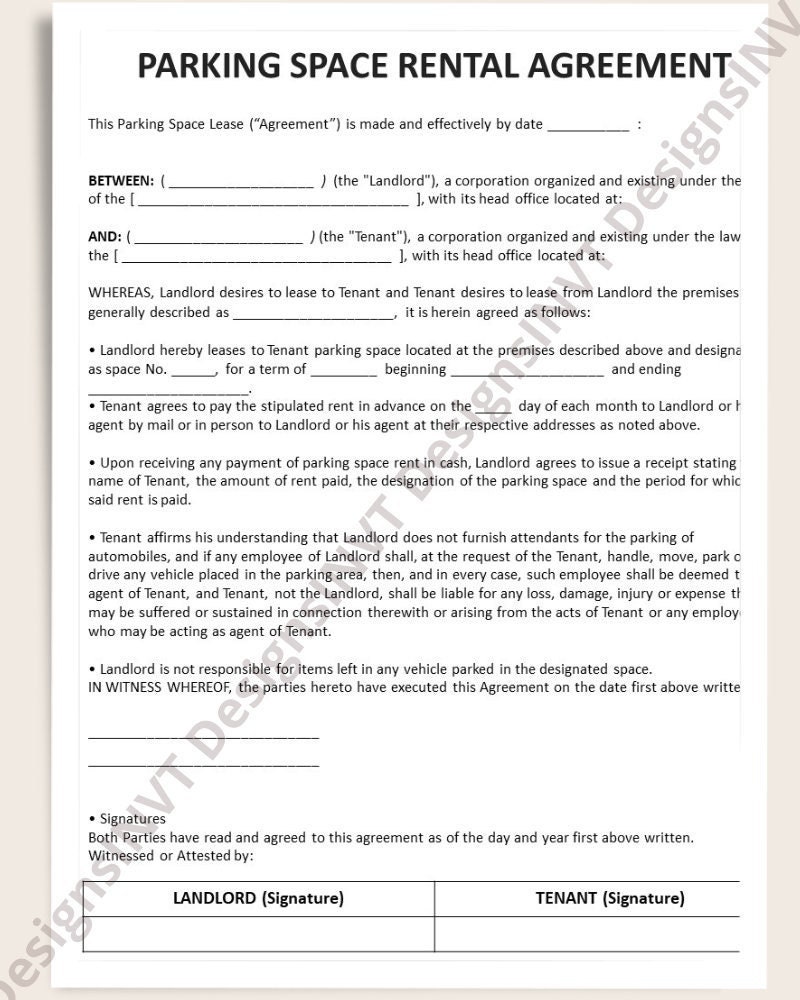 Parking Space Rental Agreement Parking Space Rental Form Parking Space Parking Space Rental Agreement Parking Space Rental Form Parking Space