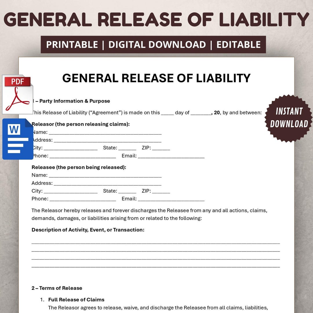 General Release of Liability Template. Legal Waiver Agreement Form ...
