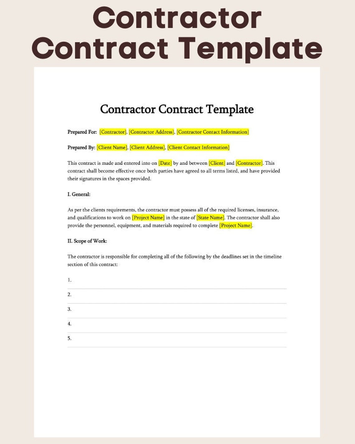 Editable Contractor Contract Template: MS Word & PDF - Etsy