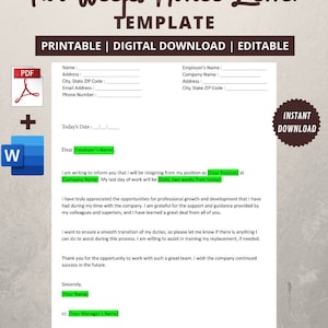 May include: A printable two weeks notice letter template in a Word document format. The template includes fields for the employee's name, address, email address, phone number, employer's name, company name, address, and city, state, zip code. The template also includes a section for the employee to write a letter of resignation, including their last day of work and their position.