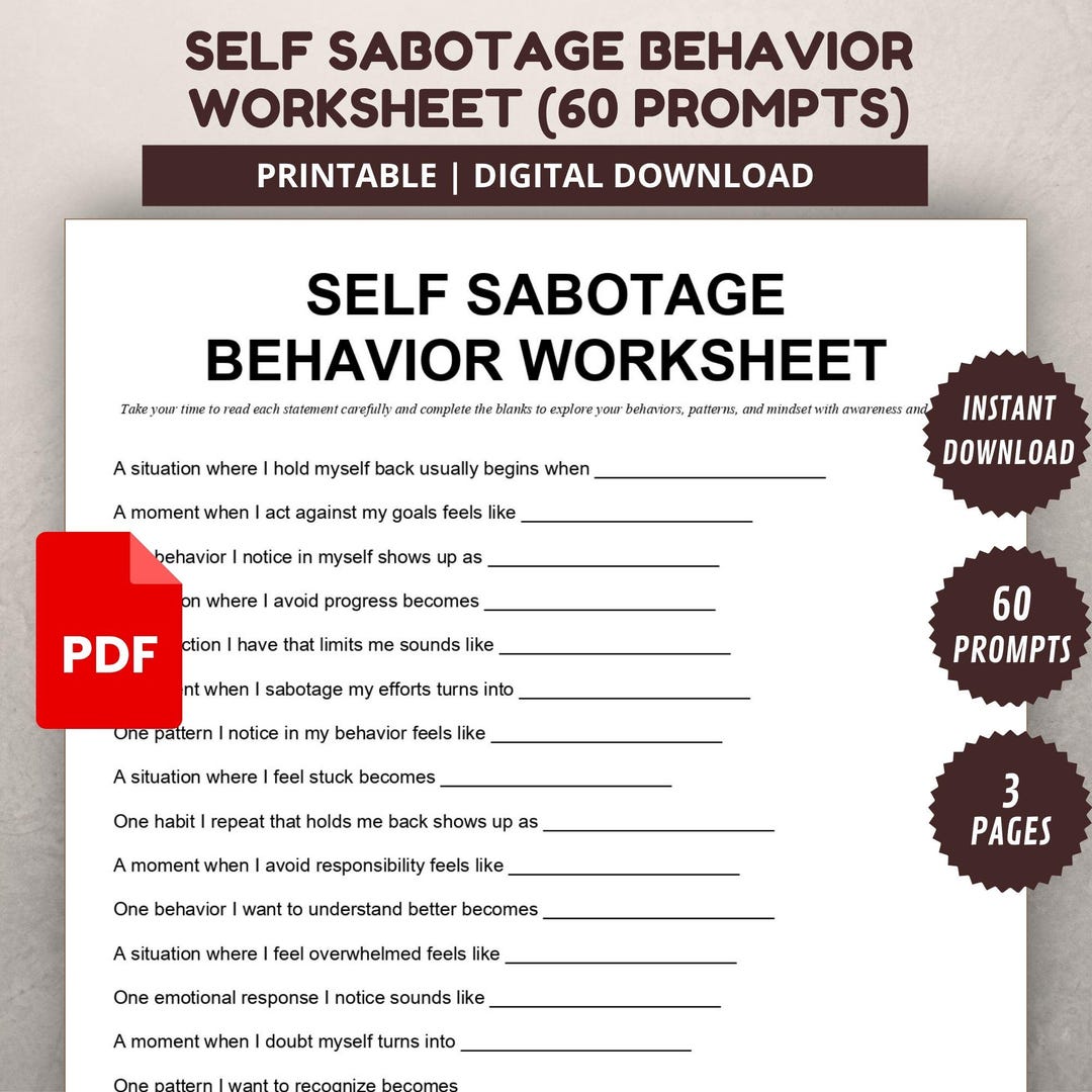 Self Sabotage Behavior Worksheet - Etsy