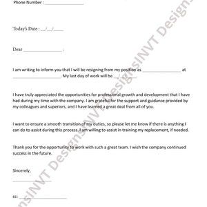 May include: A resignation letter template with blank lines for filling in personal information, including name, address, email, phone number, and today's date. The letter is addressed to an employer and includes a section for the employer's name, company name, address, and city, state, zip code.