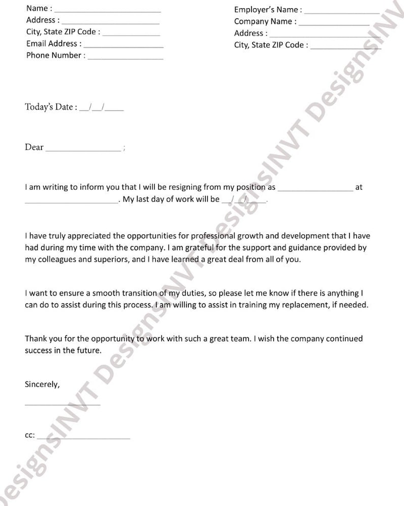 May include: A resignation letter template with blank lines for filling in personal information, including name, address, email, phone number, and today's date. The letter is addressed to an employer and includes a section for the employer's name, company name, address, and city, state, zip code.