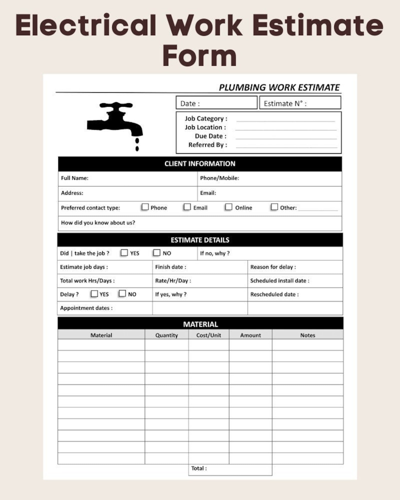 Plumbing Estimate Form Plumbing Estimating Sheets Etsy
