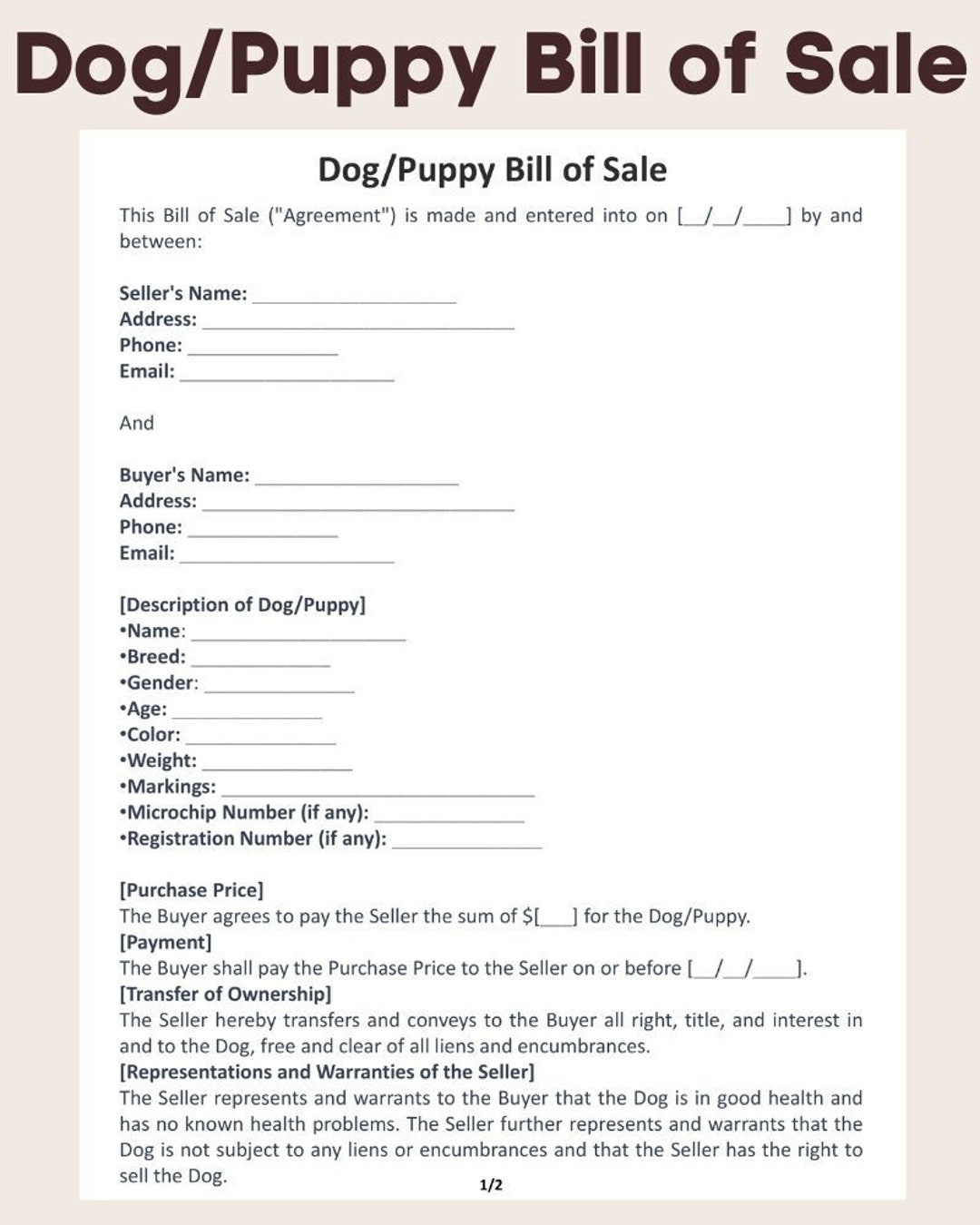 Sample Dog/puppy Bill of Sale Form Agreement Etsy Sample Dog/puppy Bill of Sale Form Agreement Etsy