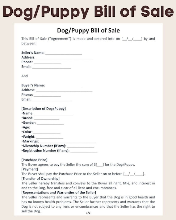 Sample Dog Puppy Bill Of Sale Form Agreement