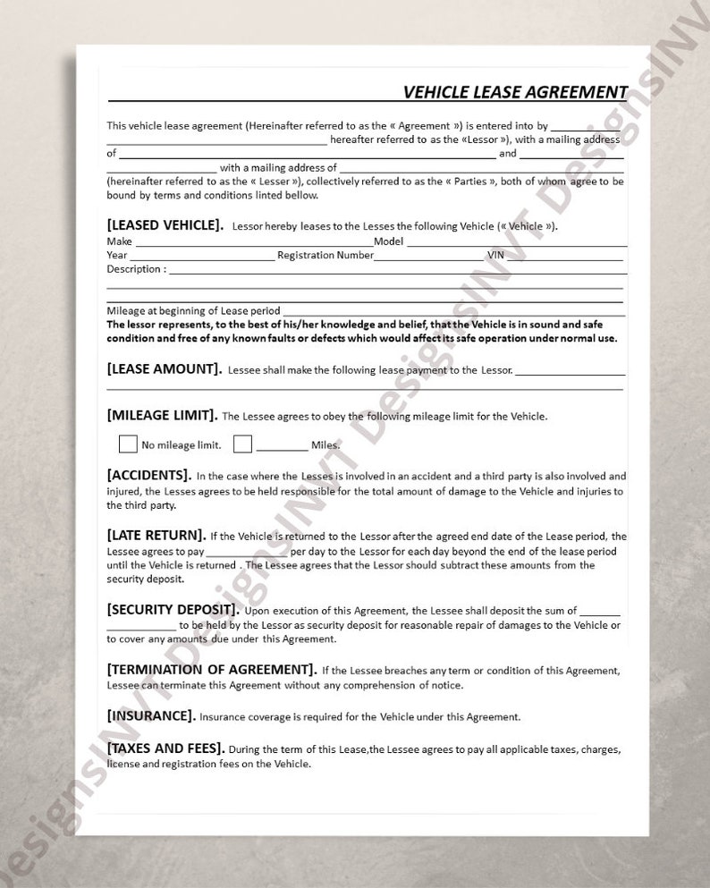 Vehicle Rental Agreement Form: Editable Car Rental Contract (PDF ...